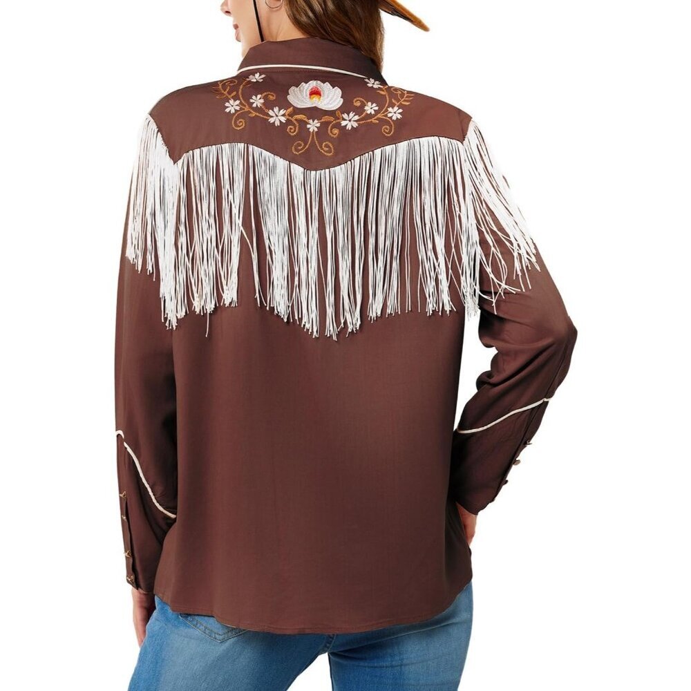 Women's Brown Floral Embroidered Fringe Western Rodeo Button Down Blouse Tops - Picture 4 of 5